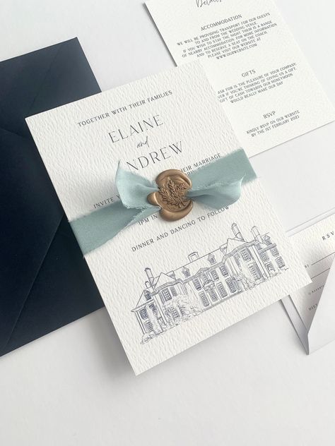 These wedding invitations come personalised with a hand drawn illustration of your wedding venue. They are 5x7 inches in size and come with a 5x7 envelope. They are digitally printed onto textured 300gsm paper which is FSC certified ORDERING: - Choose the invitation set and quantity from the drop down menu - Add to your basket and checkout Once you have placed your order please message or email me at sarahwrightartist@gmail.com with the following information: - Bride and groom names - Wedding ve Wedding Invitation Paper Types, Wedding Invite Set, Chateau Wedding Invitation, Wedding Invitation Venue Illustration, Watercolour Wedding Invite, Trending Wedding Invitations, Venue Illustration Wedding Invitation, Venue Invitation, Wedding Invitation Illustration