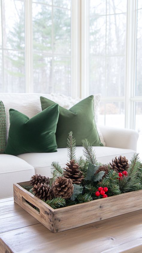 Wooden tray with pine cones, holly berries, and evergreen branches on a white sofa in a festive, sunlit living room. Rustic Centerpiece Ideas, Cozy Christmas Bedroom Aesthetic, Christmas Pillow Ideas, Table Decor For Christmas, Festive Living Room, Living Room Christmas Decor Ideas, Room Christmas Decor Ideas, Center Table Decor, Table For Christmas