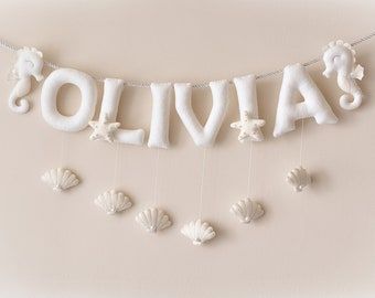 Ocean Baby Rooms, Ocean Animal Nursery, Horse Nursery, Summer Nursery, Baby Name Banners, Coastal Nursery, Felt Name Banner, Ocean Themed Nursery, Sea Nursery