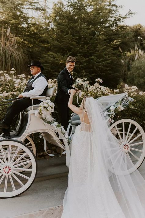 Exclusive: Kelianne Stankus and Chase Mattson’s Dreamy Wedding in California Kelianne Stankus And Chase Mattson, Horse And Carriage Wedding, Heirloom Photos, Chase Mattson, Kelianne Stankus, Wedding Getaway Car, Fairytale Forest, Wedding Carriage, Horse Wedding