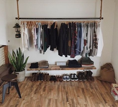 Hang Clothes With No Closet, Open Dresser Ideas, Exposed Wardrobe, Mens Bedroom Decor, Open Wardrobe, No Closet Solutions, Clothes Hanging, Open Closet, Wardrobe Room