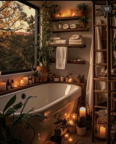 Aesthetic Cozy Bathroom, French Country Boho Living Room, Warm Cozy Kitchen, Cozy House Decor, Candles Bathroom, Autumn Bathroom, Bathroom Cozy, Cosy Bathroom, Romantic Bathrooms