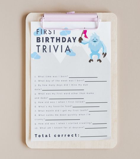 Make your little one's first birthday truly abominable... in the best way possible! 🎉 This Yeti-Themed Birthday Trivia Card is the perfect addition to your first birthday celebration. Designed to complement our other adorable yeti-themed resources, this trivia card will entertain guests of all ages and create lasting memories. 📜 What's Included: 1 digital download (8.5x11" PDF) featuring a fun and engaging trivia card. Easy-to-read layout with vibrant yeti-themed illustrations. Designed for pr Yeti Themed Birthday Party, First Birthday Trivia, Birthday Trivia, 1st Birthday Party Games, Personalized Yeti, Personalize Yeti, Themed Illustrations, Themed First Birthday, Fun Questions