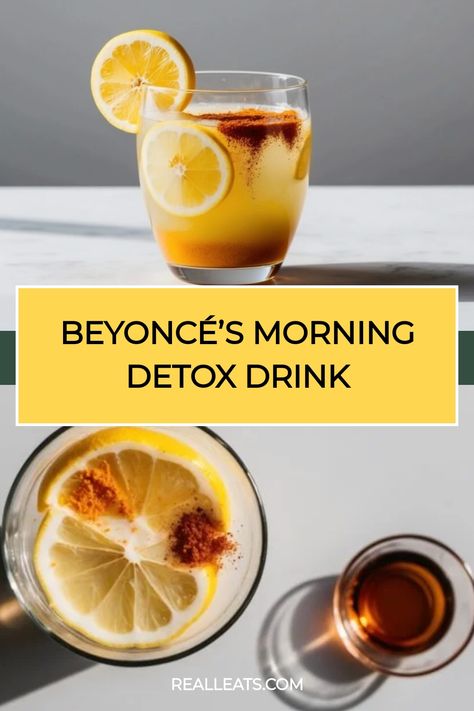 Lemon detox drink with spices and lemon slices, labeled "Beyoncé's Morning Detox Drink". Morning Digestive Drink, Lemon Ginger Apple Cider Vinegar, Ginger Lemon Tumeric Drink, Lemon Morning Drink, Lemon Cayenne Detox Recipe, Ginger Detox Drink Fat Burning, Detox Morning Drink, Clove Benefits, Uneven Skin Tone Remedies