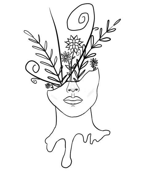 Plant Growing Out Of Head Drawing, Plant Head Painting, Human Flourishing Drawing Ideas, Head With Flowers Coming Out Tattoo, Plants Coming Out Of Head Drawing, Plant Head Drawing, Head Flowers Drawing, Flowers Coming Out Of Head Painting, Flowers Growing Out Of Head Drawing