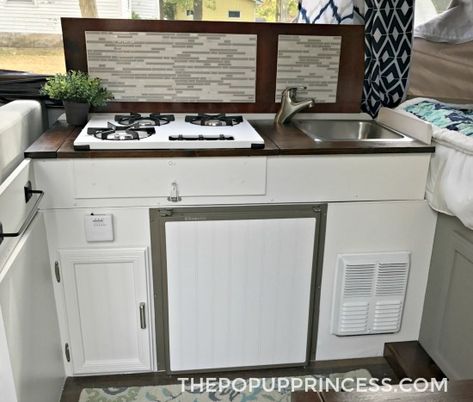 Wow!  Look at the backsplash on this pop up camper remodel.  #popupcamper #tenttrailer #rvlife #rvremodel #popup Pop Up Camper Backsplash, Renovation Camper, Pop Up Camper Remodel, Tent Trailer Remodel, Camper Inspiration, Tent Trailers, Pop Up Campers, Pop Up Princess, Camper Renovations