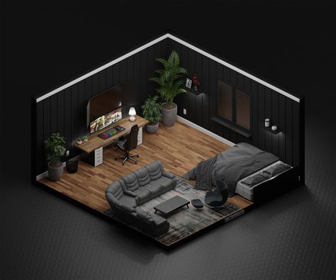 Gaming Room Concept, Chill Room Design, Appartement Layout, Super Small Room Ideas, Room Ideas Gamer, Game Room Idea, Room Ideas Gaming, Architecture Isometric, Gamer Room Ideas