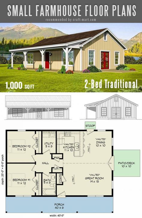 Small Modern Farmhouse Bedroom Ideas, Small Pole Barn Homes Simple Floor Plans, Farm Houseplans Small, House Plans Under 1000 Sq Ft, Economical House Plans, Small House Plans 3 Bedroom Simple, Tiny Farmhouse Plans, Floor Plans Cabin, Small Farmhouse Floor Plans