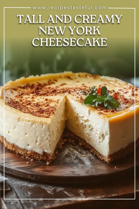 This Tall and Creamy New York Cheesecake is the epitome of a classic cheesecake, with a rich, velvety texture and the perfect balance of creamy filling and golden edges. Made with cream cheese, eggs, sour cream, and a hint of vanilla and lemon, this cheesecake delivers a decadent dessert experience. Whether you’re celebrating a special occasion or simply craving a delicious homemade treat. Tall Cheesecake Recipe, Best Cheesecake Recipe Homemade, New York Cheesecake Recipes, Sour Cream Cheesecake, New York Style Cheesecake, Classic Cheesecake, Best Cheesecake, Cream Cheese Eggs, New York Cheesecake