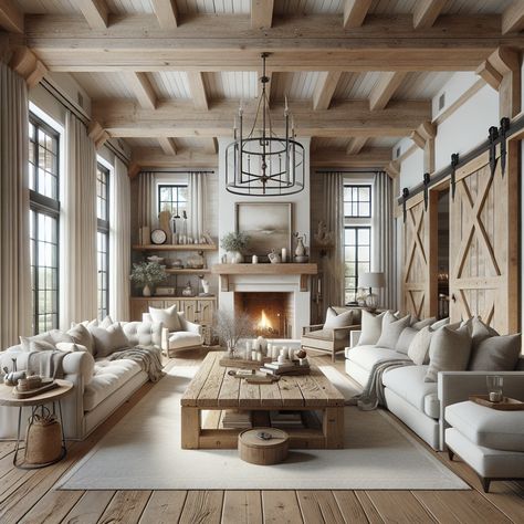 Large exposed wooden beams should be visible across the room's ceiling. A traditional wood-burning fireplace should be present as a focal point, adorned with a distressed wood mantel. To add to the modern touch, include a minimalist metal chandelier hanging from the ceiling, and floor-to-ceiling windows allowing an ample amount of natural light. Luxury Farmhouse Interior, Large Farmhouse Living Room, Rustic Family Room, Living Room Layout, Luxury Getaway, Chic Living Room, Space Ideas, Chic Living, Wooden Beams