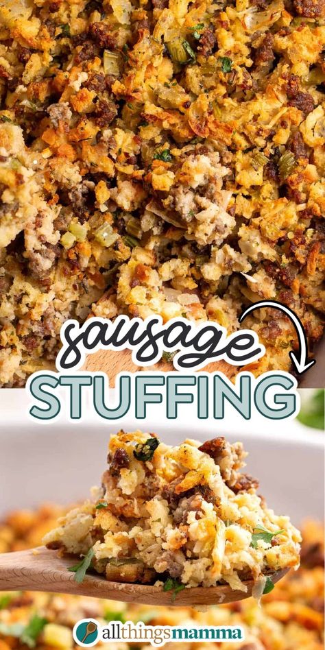 collage image of Sausage Stuffing. Baked Sausage Stuffing, Sausage Stuffing Recipes Easy, Stovetop Stuffing Mix Recipes, Dressing With Sausage Thanksgiving, Stovetop Stuffing With Sausage, Crockpot Sausage Stuffing Recipes, Meat Stuffing Recipes For Thanksgiving, Box Stuffing Recipes Ideas, Meat Stuffing Thanksgiving