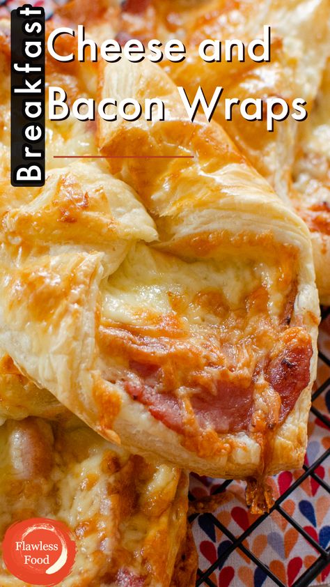 Cooked bacon and melted cheese wrapped with puff pastry. Cheese And Bacon Puff Pastry, Puff Pastry Bacon Cheese, Puff Pastry With Bacon, Breakfast Ideas Using Puff Pastry, Puff Pastry Snack Ideas, Savoury Pastry Ideas, Puff Pastry Recipes Cheese, Easy Puff Pastry Recipes Savoury, Ham And Cheese Puff Pastry Recipes