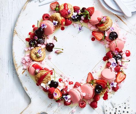 The perfect centrepiece for your dessert table this Christmas - a ring of white chocolate covered in macarons and berries. Mini Meringues, White Chocolate Covered, Ice Cream Cakes, Pork Salad, Christmas Ham, Cherry Cookies, Aussie Christmas, Australian Christmas, Eton Mess