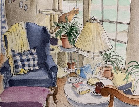 Watercolor Living Room Art, Apartment Watercolor, Ladies Parlour, Watercolor Furniture, Watercolor Interior, Animation Drawing Sketches, Whimsical Art Journal, Architecture Drawing Sketchbooks, Watercolor Art Landscape