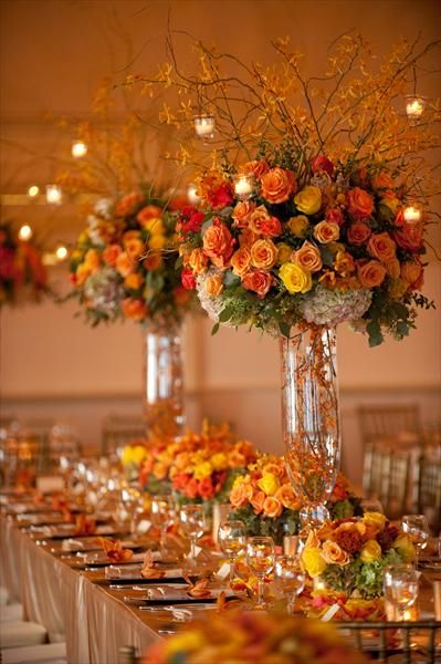 ooooooh....can't afford it with all the roses, but you could use other flowers and create the same look. Orange Wedding Centerpieces, Tafel Decor, Wedding Floral Centerpieces, Tall Centerpieces, Fall Wedding Flowers, Fall Wedding Decorations, Orange Wedding, Long Table, Wedding Table Centerpieces