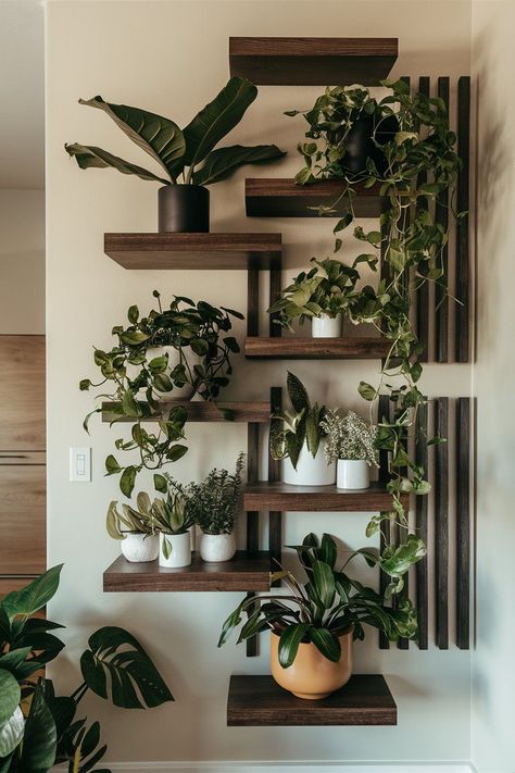 Plant Decor Dining Room, Interior Plant Decor, Plant Set Up Indoor Living Room, Plants In Kitchen Ideas Decor, Corner Wall Shelves Living Room, Fake Ivy Decor Bedroom Ideas, Floating Shelves For Plants, Wall Shelves For Plants, Plant Wall Shelves