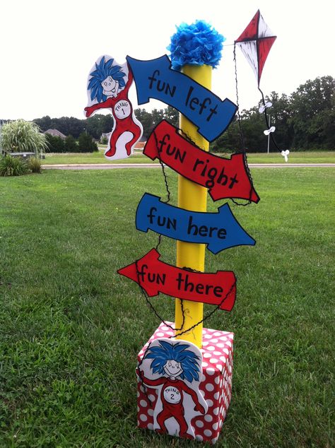 Dr. Seuss ~ Thing 1 and Thing 2 Directional sign! Trunk Or Treat Thing 1 And Thing 2, Cat In The Hat Party Decorations, Thing One And Thing Two Party Ideas, Thing1 And Thing2 Party Ideas, Dr Seuss Party Ideas Decoration, Trunk Or Treat Dr Suess, Dr Seuss Halloween, Cat In The Hat Photo Booth, Thing 1 Thing 2 Trunk Or Treat Ideas