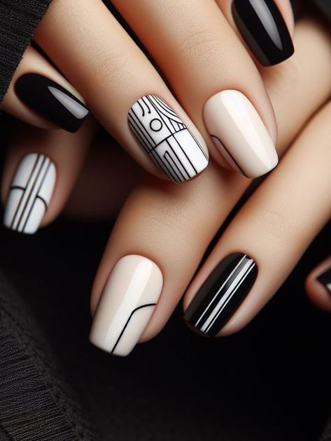 A minimalist black and white nail design with clean lines and geometric shapes, for a sleek and modern appearance. Mid Century Modern Nail Art, Black Lines Nails, Nail Designs With Lines, White Spring Nails, Black And White Nail Design, White Nail Design, Black And White Nail Designs, Black And White Nail, Manicured Nails