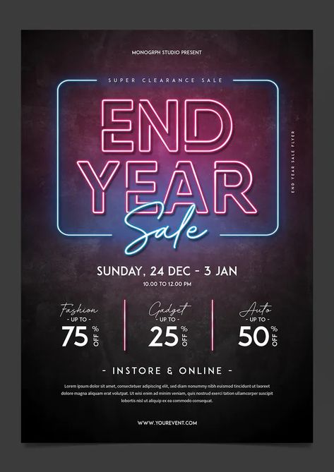 Year End Sale Poster Ideas, End Of Year Sale Poster, Neon Flyer Design, New Year Promotion Design, Year End Sale Poster Design, New Year Sale Design, Anniversary Sale Poster, Promo Flyer Design, Sales Flyer Design