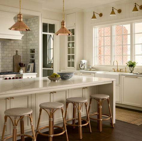 The Expert - The Key to Making This New-Build Kitchen Feel Lived-In? The Perfect Shade of Warm White Cozy Pantry, East Coast House, Warm White Paint, White Paint Color, Counter Stools Backless, Shaker Style Cabinets, Kitchen Mood Board, Style Pantry, Green Palette