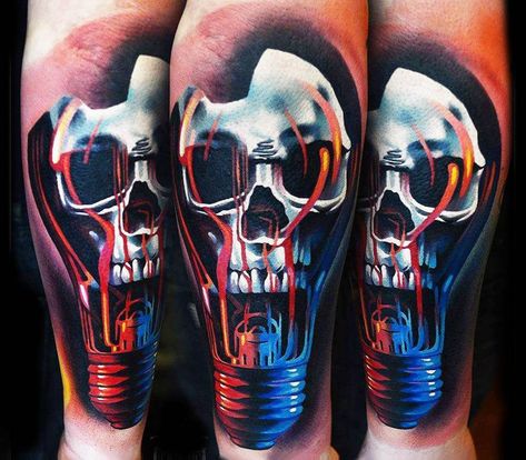 Light bulb skull tattoo by A D Pancho | Photo 14206 Lightbulb Tattoo, Badass Skulls, Skull Light, Sugar Skull Tattoos, World Tattoo, Skull Tattoo Design, Top Tattoos, Tattoos Gallery, Tattoo Work