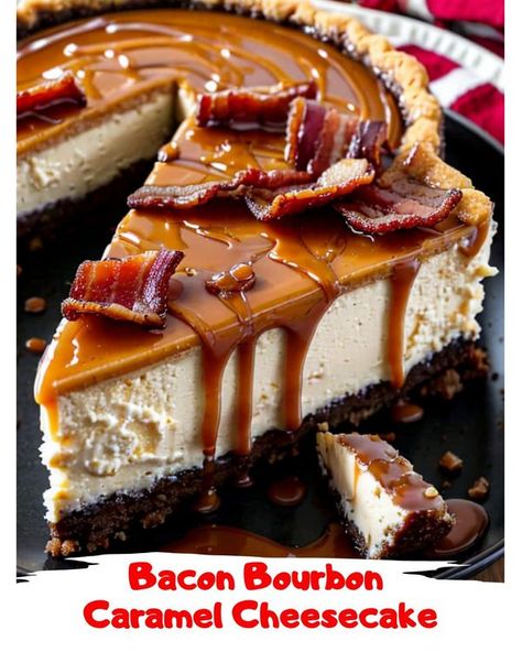 Savory Splash Bacon Bourbon Caramel Cheesecake, Fireball Cheesecake Recipe, Maple Bacon Cheesecake, Carmel Cheesecake, Bourbon Cheesecake, Bacon Cheesecake, Caramel Cheesecake Recipes, Cheesecake Ingredients, Bourbon Caramel