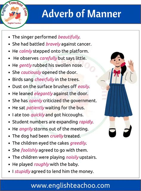 Adverb Of Manner Examples, Sentence Adverbs, Adverb Sentences, Adverb Of Manner, Adjective Vocabulary, Adverb Examples, English Adverbs, Adverbs Sentences, Adverbs Of Manner