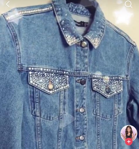 Diy Concert Jean Jacket, Jean Jacket With Rhinestones, Bedazzled Jacket Diy, Denim Jacket With Rhinestones, Bedazzled Denim Jacket Diy, Rhinestone Denim Jacket Diy, Diy Jean Jacket Ideas Rhinestone, Diy Bedazzled Jean Jacket, Bedazzled Shirts Diy Rhinestones