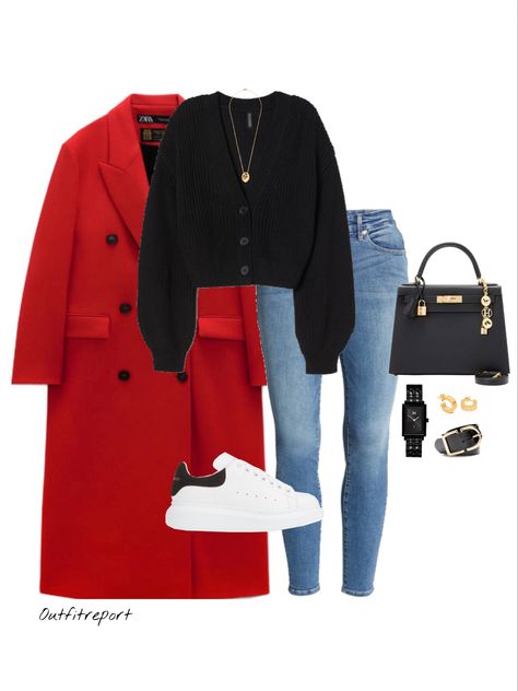 Zara New Collection 2023 Spring, Red In Outfits, Red Coat Styling, How To Style A Red Coat, How To Style Red Coat, Zara 2022 Winter Collection, Red Wool Jacket Outfit, Red Spring Outfit, Red Jacket Outfit Winter