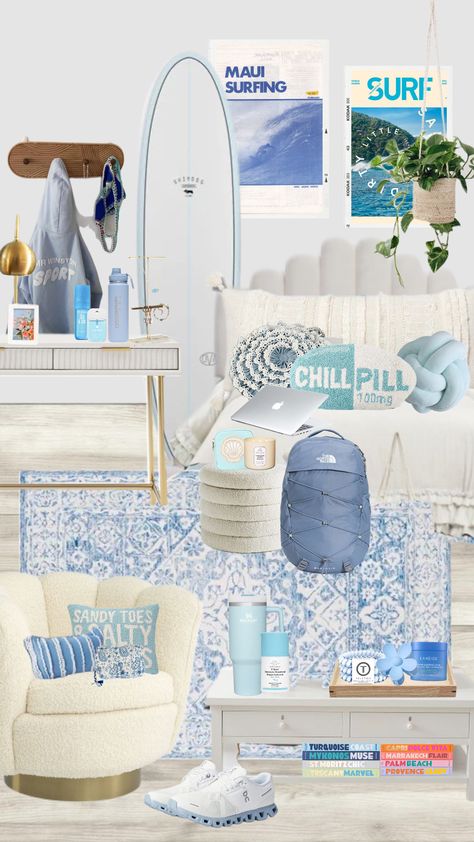 Costal Beach Bedroom, Beachy Rugs, Surfer Room Decor, Teen Bedroom Organization, Eclectic Coastal, Surfer Room, Costal Granddaughter, Bedroom Board, Beachy Room Decor