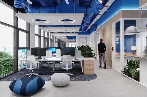 Office Social Area, Training Center Design, Steelcase Furniture, Open Concept Office, Office Blue, Cozy Interior Design, Modern Sliding Doors, Blue Office, School Interior