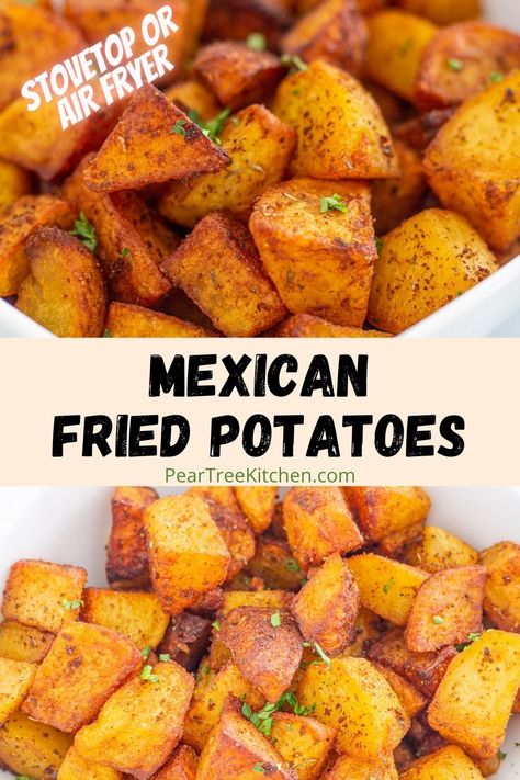 Give your potatoes new life with this simple Mexican Potatoes recipe for a delicious side dish with tons of flavor that can also be made in the Air Fryer! Spice your fried potatoes up a notch! Potato Egg And Cheese Tacos, Mexican Food With Potatoes, Side Dish With Tacos Dinners, Fiesta Potatoes Recipes, Mexican Potatoes Air Fryer, Air Fryer Potato Recipes Side Dishes, Taco Tuesday Side Dishes, Mexican Fried Potatoes, Sides For Tacos Dinner