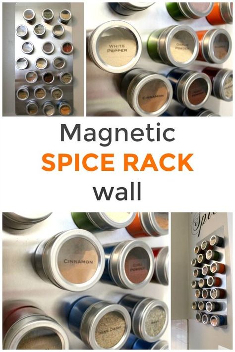 Magnetic spice rack wall: How to organize the spices in your kitchen using magnetic spice containers. #spiceorganization Spice Rack Wall, Magnetic Spice Rack, Magnetic Spice Jars, Organizing Solutions, Spice Holder, Waterslide Decal Paper, Closet Hacks Organizing, Art Supplies Storage, Magnetic Spice