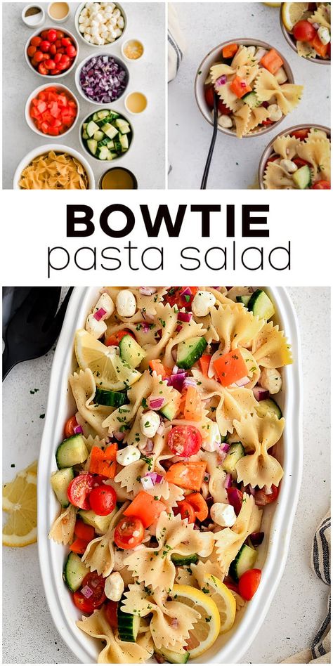 This bright and flavorful Bowtie Pasta Salad combines bowtie-shaped pasta, fresh veggies, and mozzarella pearls, in a zesty champagne vinegarette dressing. Perfect for summer BBQs and picnics. Bowtie Pasta Recipes Salad, Bowtie Pasta Salad Recipes, Pasta Salad Recipes With Italian Dressing, Vinaigrette Pasta Salad, Bow Tie Pasta Recipe, Easy Pesto Pasta, Pasta Salad With Spinach, Bowtie Pasta Salad, Veg Meals