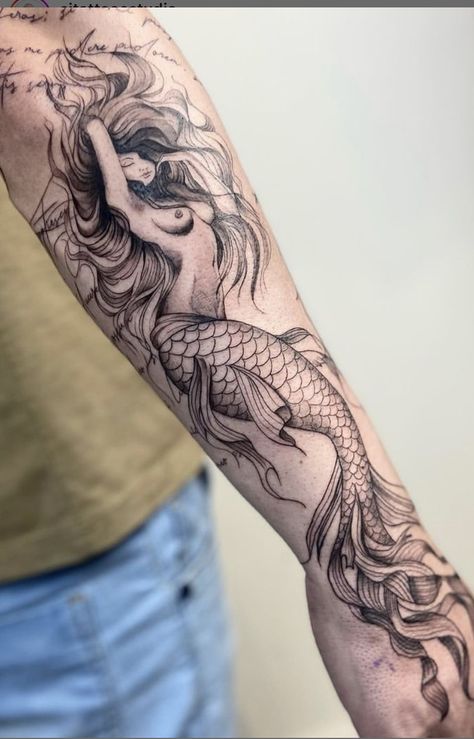 Dark Siren Tattoo, Creepy Mermaid Tattoo, Siren Tattoo Design, Siren Tattoo Dark Mermaid, Mermaid Arm Tattoo, Sea Horse Tattoos, Black Mermaid Tattoo, Siren Mermaid Tattoos, Watercolor Mermaid Tattoo