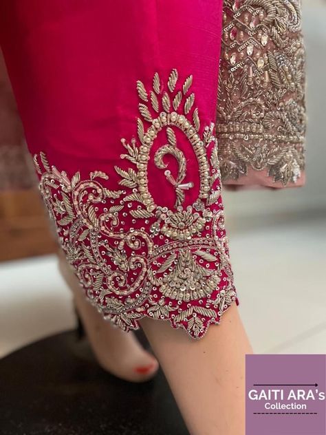 Jarkan Work Suits, Pearl Work Embroidery Suits, Dabka Work Embroidery Suits, Hot Pink Pants, Embroidery Suits Punjabi, Gold Work Embroidery, Embroidery Fashion Detail, Hand Beaded Embroidery, Couture Embroidery