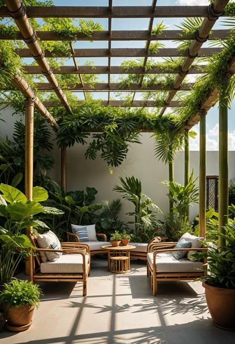 Imagine transforming your outdoor space into a breathtaking oasis with a stunning pergola patio. Picture yourself relaxing under the shade, surrounded by climbing vines and twinkling string lights. A pergola adds both beauty and function, creating a perfect spot for cozy gatherings or quiet moments. Whether you prefer modern designs with sleek lines or rustic styles with natural wood, you’ll find yourself falling in love with the endless possibilities that a pergola offers. Thai Patio Ideas, Tropical Pergola, Fall Mantel Decorating Ideas, Patio House Ideas, Beautiful Pergola, Pergola Patio Ideas, Fall Fireplace Decor, Deck Pergola, Small Pergola