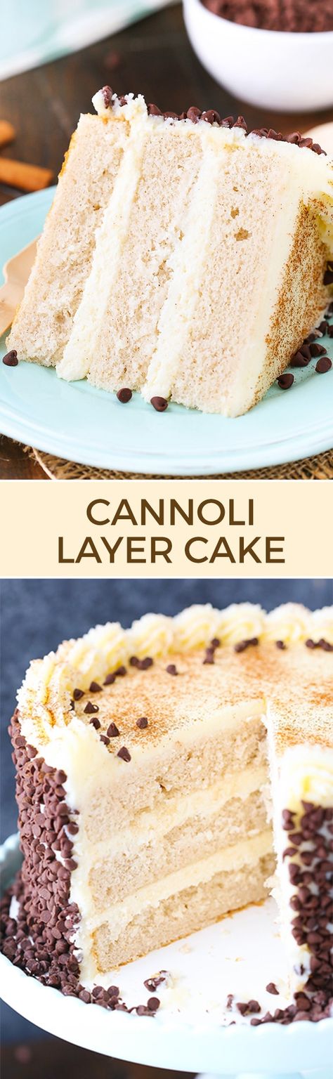 This Cannoli Layer Cake is a light, moist cinnamon cake filled with mascarpone & ricotta filling, then frosted with mascarpone frosting and chocolate chips! #cannolicake #cannolilayercake #cinnamoncake #cannolicakerecipe #bestcakerecipe #cinnamoncakerecipe Homemade Cinnamon Cake, Moist Cinnamon Cake, Cinnamon Cake Recipes, Cake With Mascarpone, Fluffy Layers, Cannoli Cake, Ricotta Filling, Mascarpone Frosting, Coconut Dessert