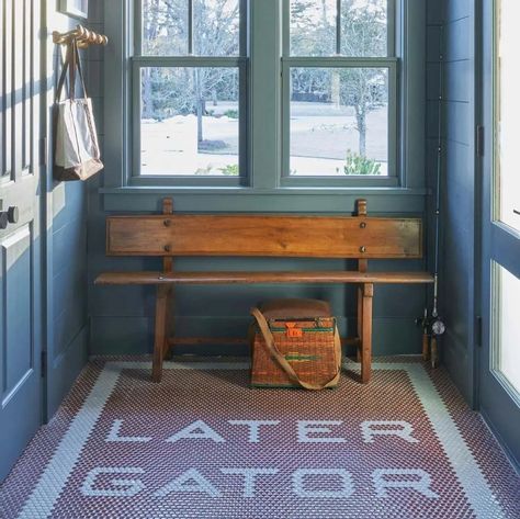 23 times that tile proved to be totally transformative | Livabl Living Room Decor Blue Walls, Room Decor Blue Walls, Artist Cottage, Living Room Decor Blue, Penny Tile Floors, Room Decor Blue, Harmony Design, Palmetto Bluff, Penny Tile