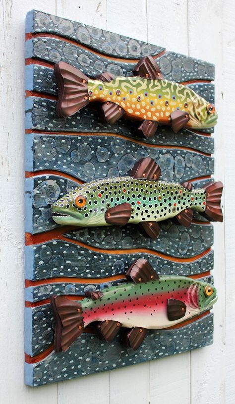 Wood Fish Art Ideas, 3d Fish Art, Fish Wood Art, Wood Fish Art, Wooden Fish Art, Fish Decorations, Fish Sculptures, Folk Art Fish, Painted Fish