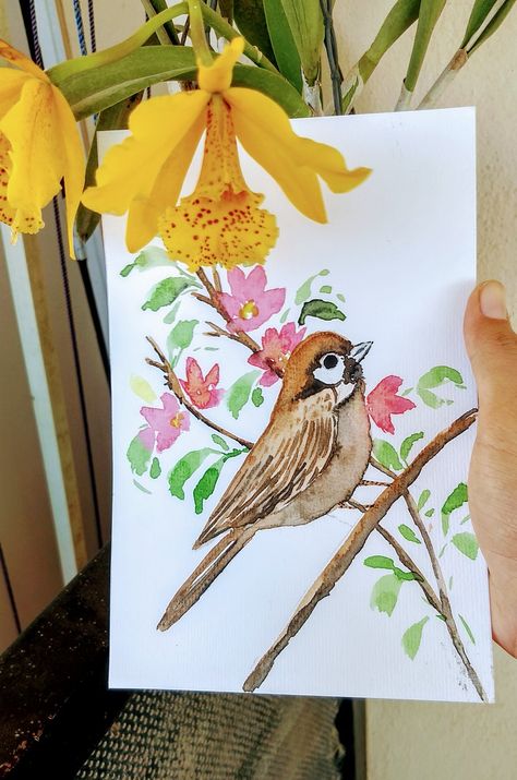 Sparrow Bird Painting, Sparrow Painting Watercolors, Easy Bird Painting Acrylics, Sparrow Illustration, Sparrow Watercolor, Bird Drawing Easy, Sparrow Painting, Watercolor Birds Tutorial, Bird Acrylic Painting