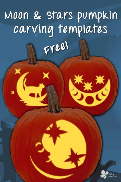 Looking to create an unforgettable carved Halloween Jack O’ Lantern this year? Use our moon and stars pumpkin carving patterns. With 15 unique designs for all skill levels, you’re sure to find a design you’ll love. #halloweenideas #halloweendecor #pumpkinideas #pumpkinstencils #pumpkintemplates Star Moon Pumpkin Carving, Celestial Pumpkin Carving, Moon And Stars Pumpkin Carving, Stars Pumpkin Carving, Moon Pumpkin Carving, Jack O Lantern Designs, Pumpkin Carving Templates Free, Pumpkin Carving Stencils Templates, Pumpkin Carving Stencils Free