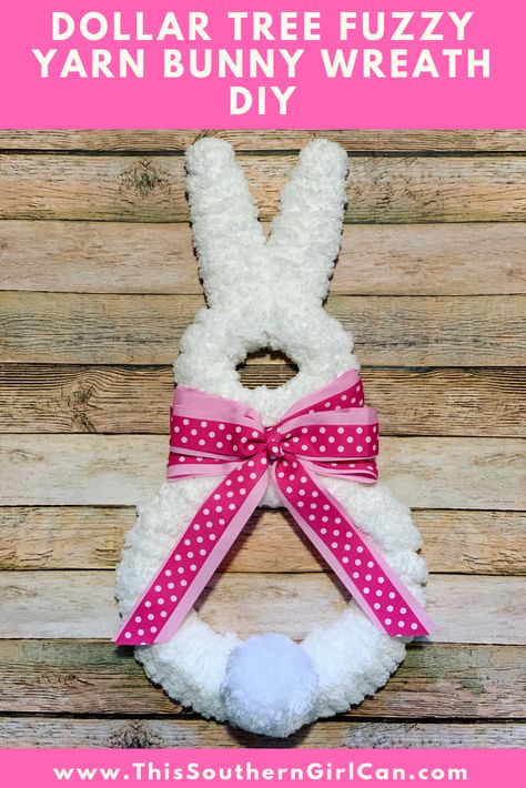 Dollar Tree Fuzzy Yarn Bunny Wreath DIY Yarn Bunny, Easter Wreath Diy Dollar Stores, Dollar Tree Easter Decor, Bunny Wreath Diy, Easter Tree Diy, Dollar Tree Easter Crafts, Easter Mesh Wreaths, Diy Tree Decor, Easter Wreath Diy