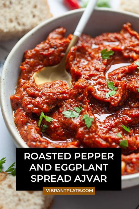 Roasted Pepper and Eggplant Spread Ajvar is a traditional Balkan dish that is perfect as a dip, spread, or sauce. Easy and tasty! Persian Eggplant Recipes, Eggplant Spread, Vegan Tzatziki, Stuffed Pepper Dip, Eggplant Dip, Eggplant Dishes, Homemade Pumpkin Puree, Bbq Sides, Veggie Dip