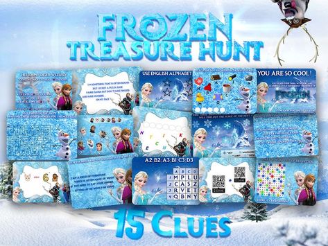 Our new printable treasure hunt create for all Frozen cinema fans. Fifteen clues hidden at your home can be simple but so cool present for children, who like cinema about Elsa and want to learn more about this world. Frozen scavenger hunt will be interesting for children from 6 to 9 years. This game will be interesting for one child or several. Our Frozen treasure hunt can be played for 50-60 minutes or even more if children play without help of their parents Frozen Scavenger Hunt, Book Chair, Printable Scavenger Hunt, Frozen Printables, Treasure Hunt For Kids, Treasure Hunt Clues, Cool Presents, Children Play, English Alphabet