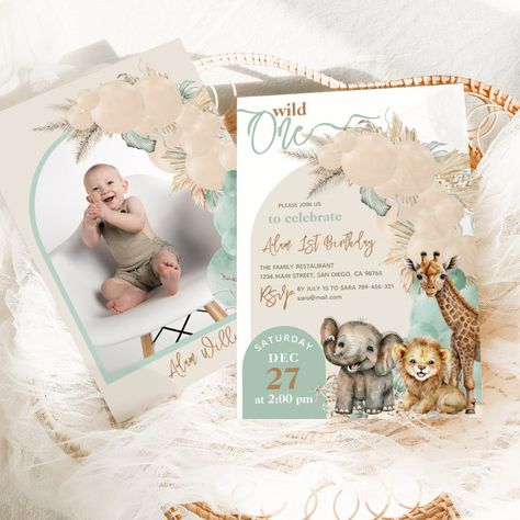 Safari animal Boho Balloon Boy 1st Birthday Photo Invitation - Birthday Invitation Typography Hand Lettering, Zoo Birthday Party, 1st Birthday Photo, Zoo Birthday, Photo Birthday Invitations, 1st Birthday Photos, First Birthday Party Themes, Baby Boy 1st Birthday, Boy Birthday Invitations