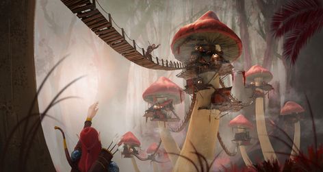 Mushroom Village, Fantasy Village, Maladaptive Daydreaming, Environment Painting, 3d Space, Fantasy Rooms, Inspirational Illustration, Fantasy Places, I Am Game