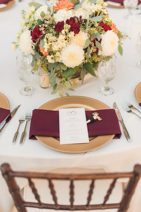 Wedding Table Settings Burgundy, Gold Plates Wedding Table Settings, Fall Wedding Table Decor Burgundy, Burgundy And Gold Table Setting Wedding, Burgundy Table Setting Wedding Rustic, Burgundy And Gold Wedding Decor, Burgundy Wedding Table Cloth, Burgundy Round Table Wedding, Burgundy And Gold Wedding Decorations