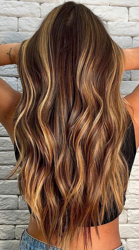 Golden Honey Highlights On Dark Hair, Hair With Honey Highlights, Brown Hair With Honey Highlights, Highlights Brunette Hair, Hairstyles Brown Hair, Brown Hair Colours, Cinnamon Brown Hair, Golden Highlights Brown Hair, Hairstyles Brown