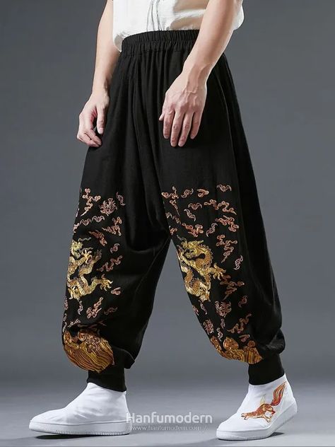 Modern Asian Fashion, Hanfu Modern, Kung Fu Pants, Harem Pants Fashion, Chinese Kung Fu, Modern Asian, Tang Suit, Asian Outfits, Mens Casual